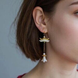 White Gold Flower Petal dangle earrings with  Trumpet flower drop
